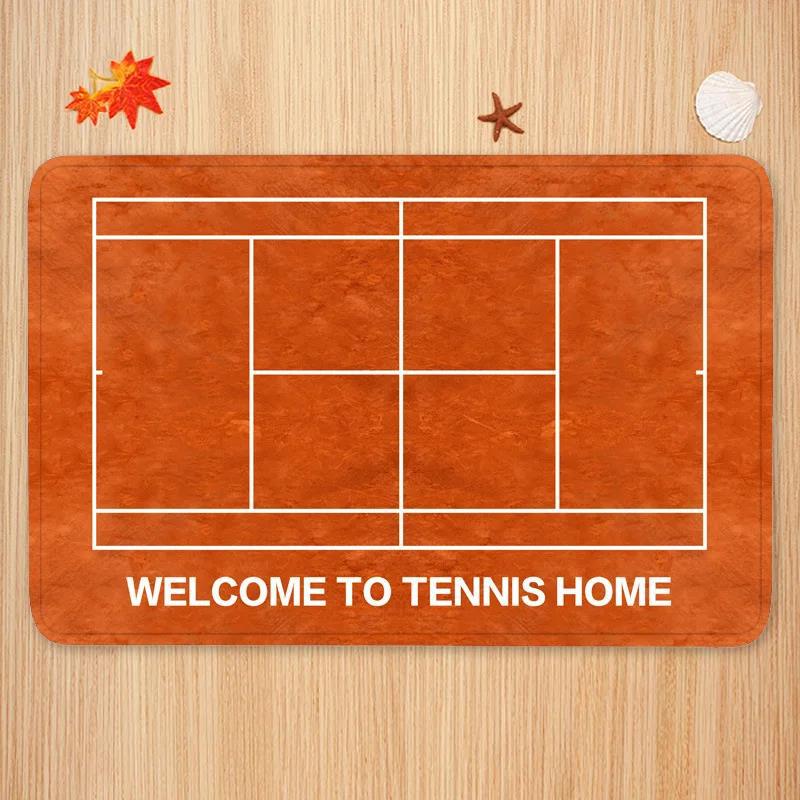 Outdoor Sport Flooring - พรมลายกีฬา ลายสนามเทนนิส แบดมินตัน พร้อมข้อความต้อนรับ สีฟ้า สีส้ม