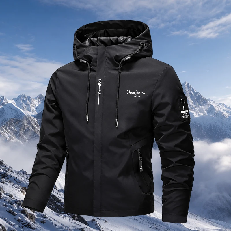 Outdoor Sport Windbreaker - เสื้อกันลมมีฮู้ดน้ำหนักเบาสไตล์เกาหลี สีกรมท่าเข้ม ทรงหลวม มีเชือกรูด เหมาะสำหรับเดินป่าและเดินทาง