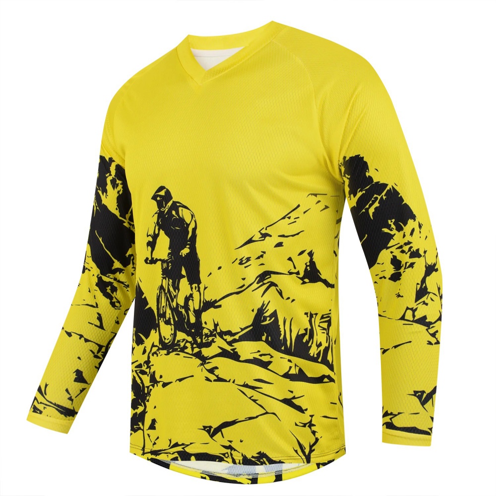 Outdoor Sportswear - เสื้อยืดแขนยาวพิมพ์ลายจักรยานเสือภูเขาสำหรับผู้ชาย ระบายอากาศได้ดี คอวี เหมาะสำหรับปั่นจักรยาน ออกกำลังกาย และสวมใส่ในชีวิตประจำวัน