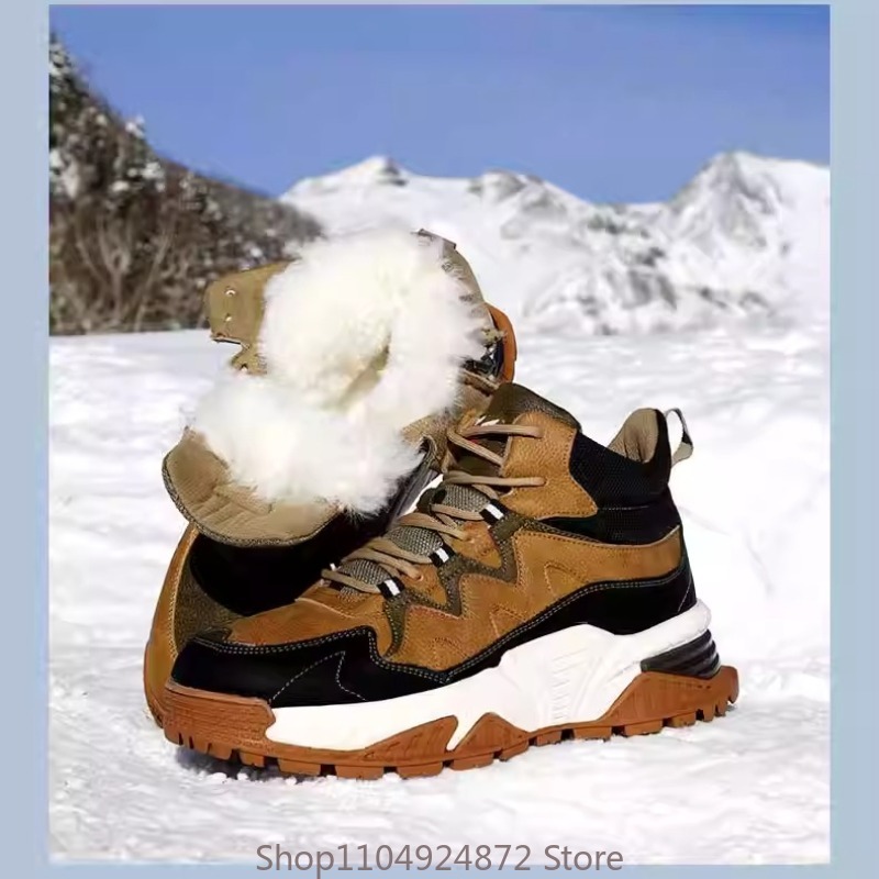 Outdoor Sport With Sticks - รองเท้าบูทหิมะบุขนหนานุ่มสำหรับผู้ชาย รองเท้าผ้าใบกีฬาหุ้มข้อสูง พื้นหนา อุ่นสบายสำหรับฤดูหนาว เหมาะสำหรับกิจกรรมกลางแจ้ง