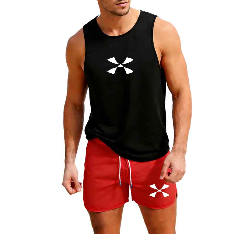 Outdoor Sportswear - ชุดกีฬาวิ่งออกกำลังกายกลางแจ้ง เสื้อกั๊ก+กางเกงขาสั้น 2 ชิ้น ชุดลำลองแฟชั่นฤดูร้อน ชุดเซ็ตชายหาดเล่นเซิร์ฟ